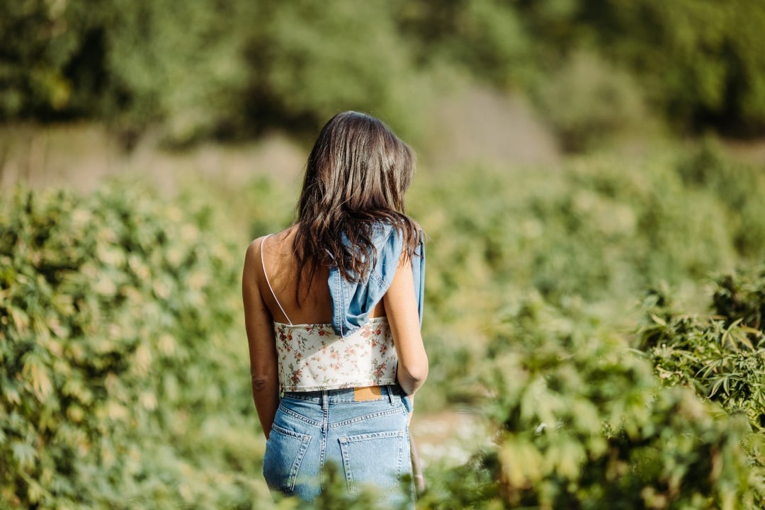 Donna di spalle in campo di Canapa